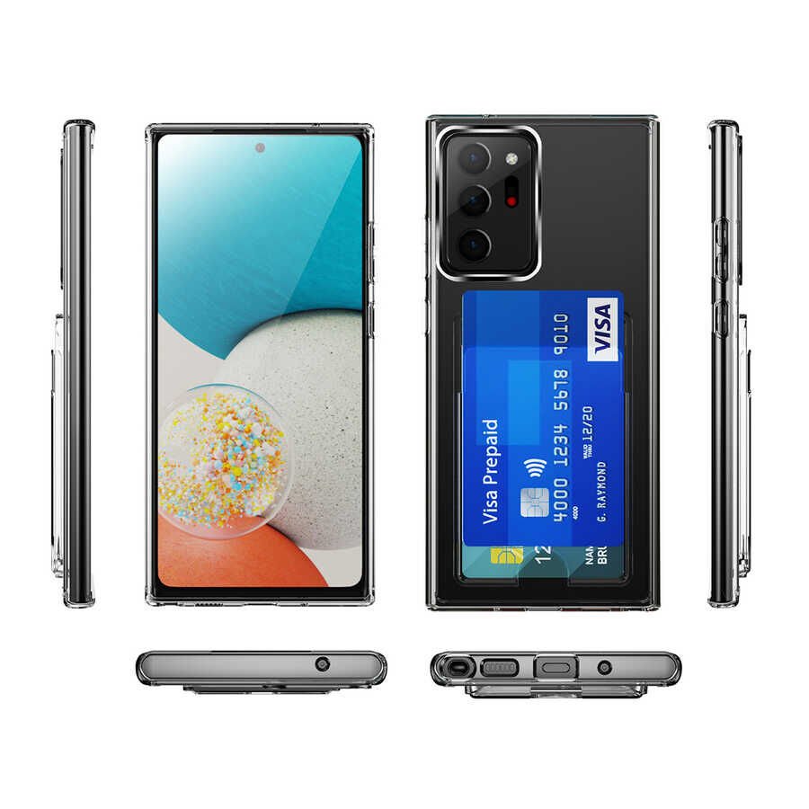 Samsung Galaxy Note 20 Ultra Şeffaf Kapak Kartlıklı Cüzdanlı Esnek Silikon Kılıf (ENSA) Renksiz