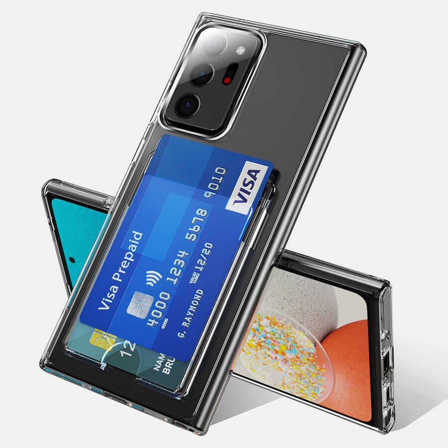Samsung Galaxy Note 20 Ultra Şeffaf Kapak Kartlıklı Cüzdanlı Esnek Silikon Kılıf (ENSA) Renksiz