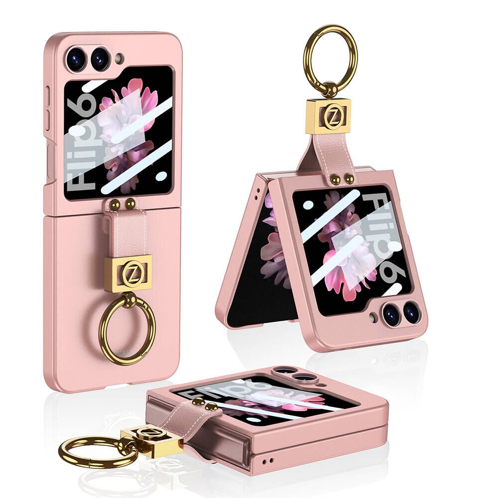 Samsung Galaxy Z Flip 6 Kılıf Metal Görünümlü İnce Yapılı Yüzüklü Kapak (Kıpta) Pembe