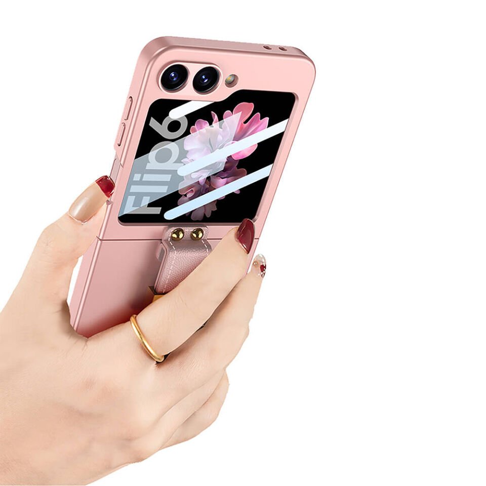 Samsung Galaxy Z Flip 6 Kılıf Metal Görünümlü İnce Yapılı Yüzüklü Kapak (Kıpta) Pembe