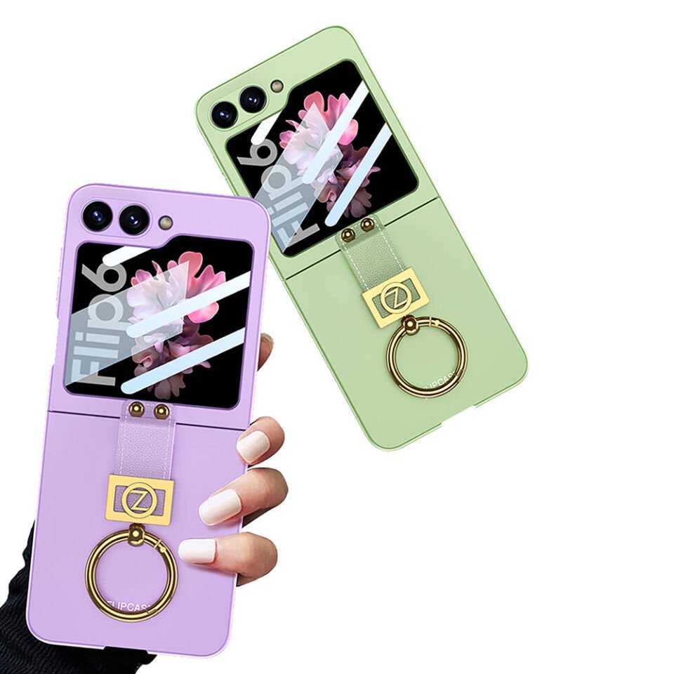 Samsung Galaxy Z Flip 6 Kılıf Metal Görünümlü İnce Yapılı Yüzüklü Kapak (Kıpta) Pembe