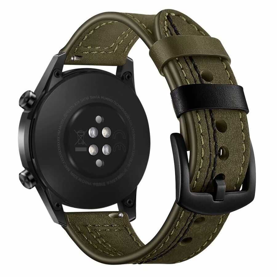 Huawei Watch GT 3 42mm Deri Kordon Metal Tokalı Tasarım (KRD-19) Yeşil