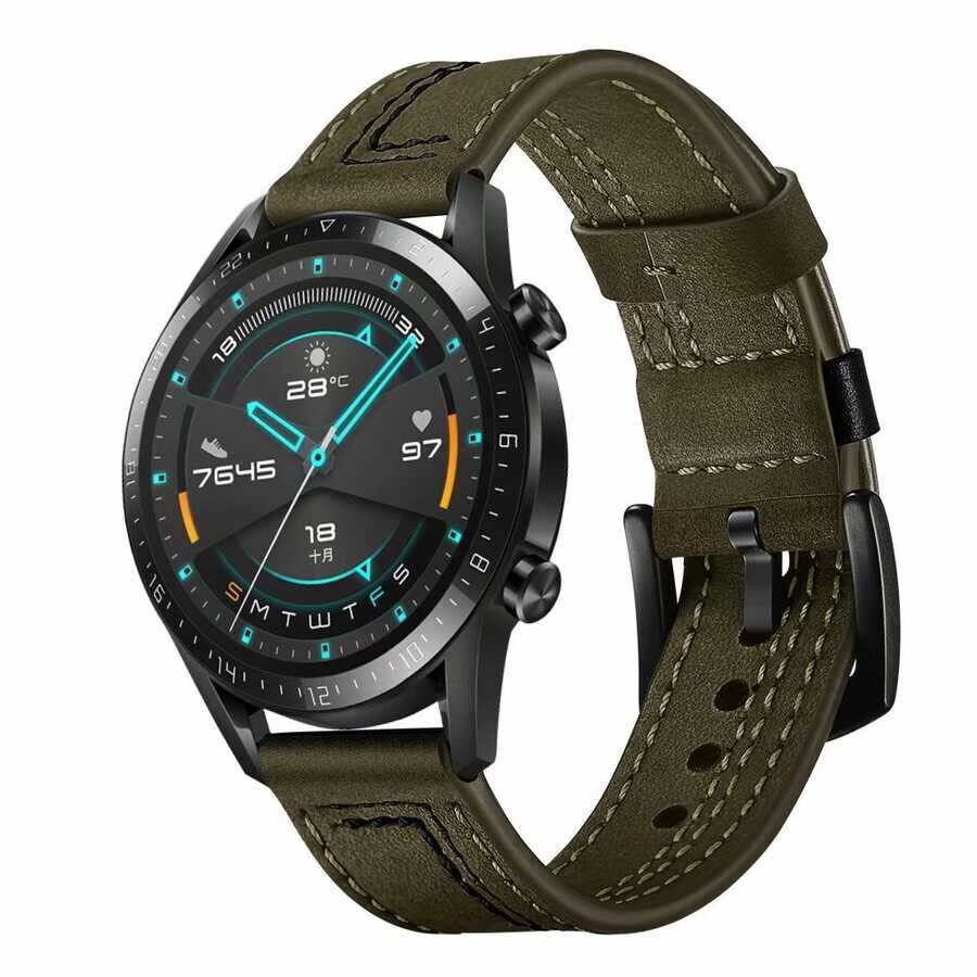 Huawei Watch GT 3 42mm Deri Kordon Metal Tokalı Tasarım (KRD-19) Yeşil