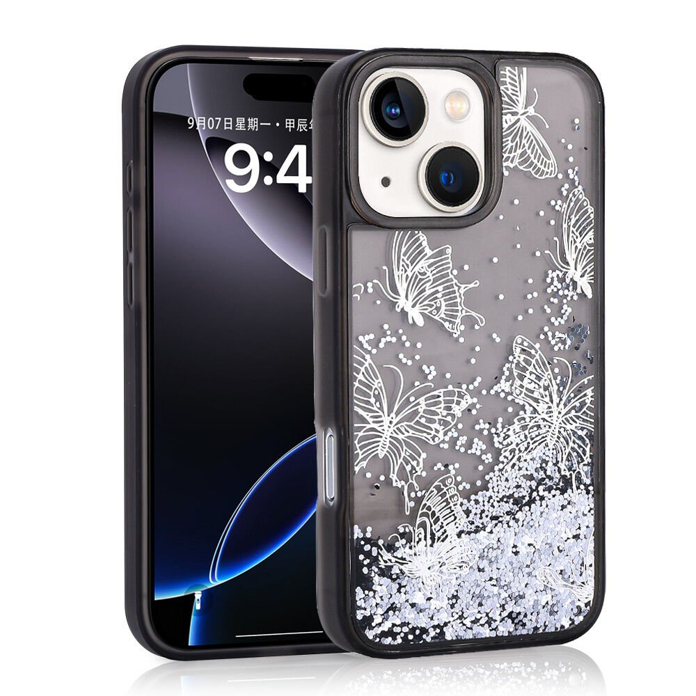Apple iPhone 13 Kılıf Sıvılı Simli Kelebek Baskılı Şeffaf Arka Yüzey HEPTEKİLETİŞİM Glis Silikon Kapak