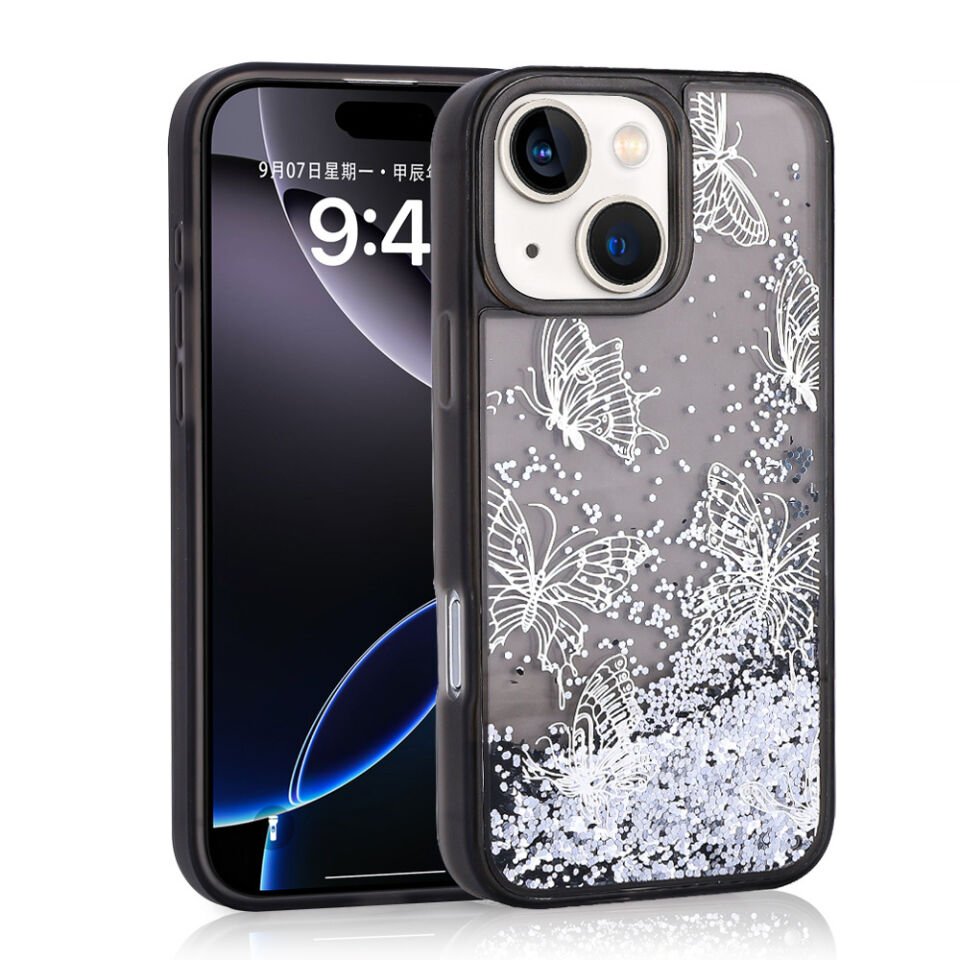Apple iPhone 13 Kılıf Sıvılı Simli Kelebek Baskılı Şeffaf Arka Yüzey HEPTEKİLETİŞİM Glis Silikon Kapak