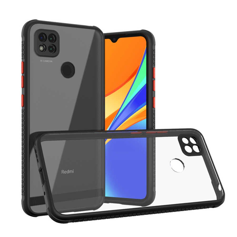 Xiaomi Redmi 9C Kılıf Köşe Ve Kamera Korumalı Arkası Şeffaf Renkli Tuşlu Kapak (KAFF) Siyah