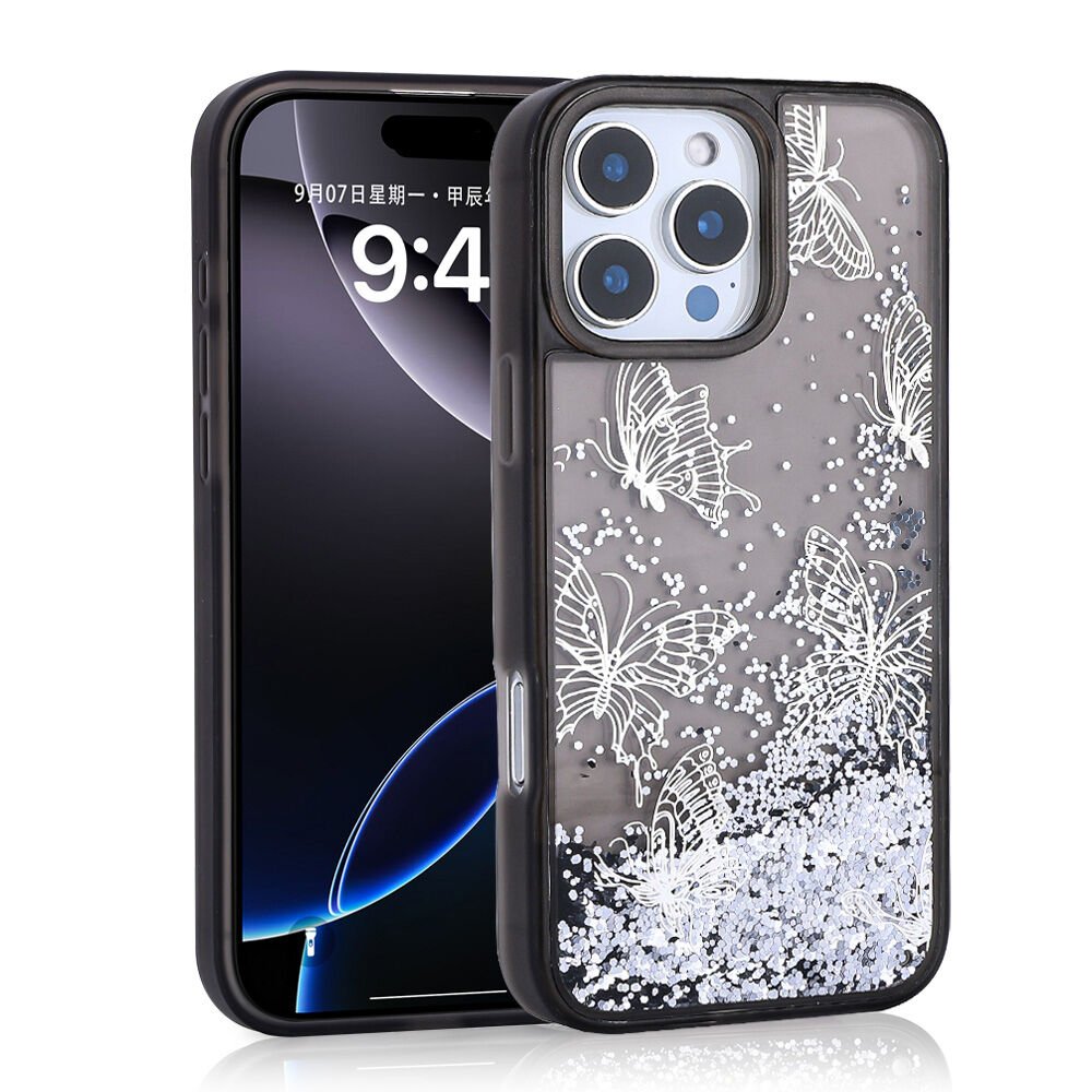 Apple iPhone 14 Pro Max Kılıf Sıvılı Simli Kelebek Baskılı Şeffaf Arka Yüzey HEPTEKİLETİŞİM Glis Silikon Kapak