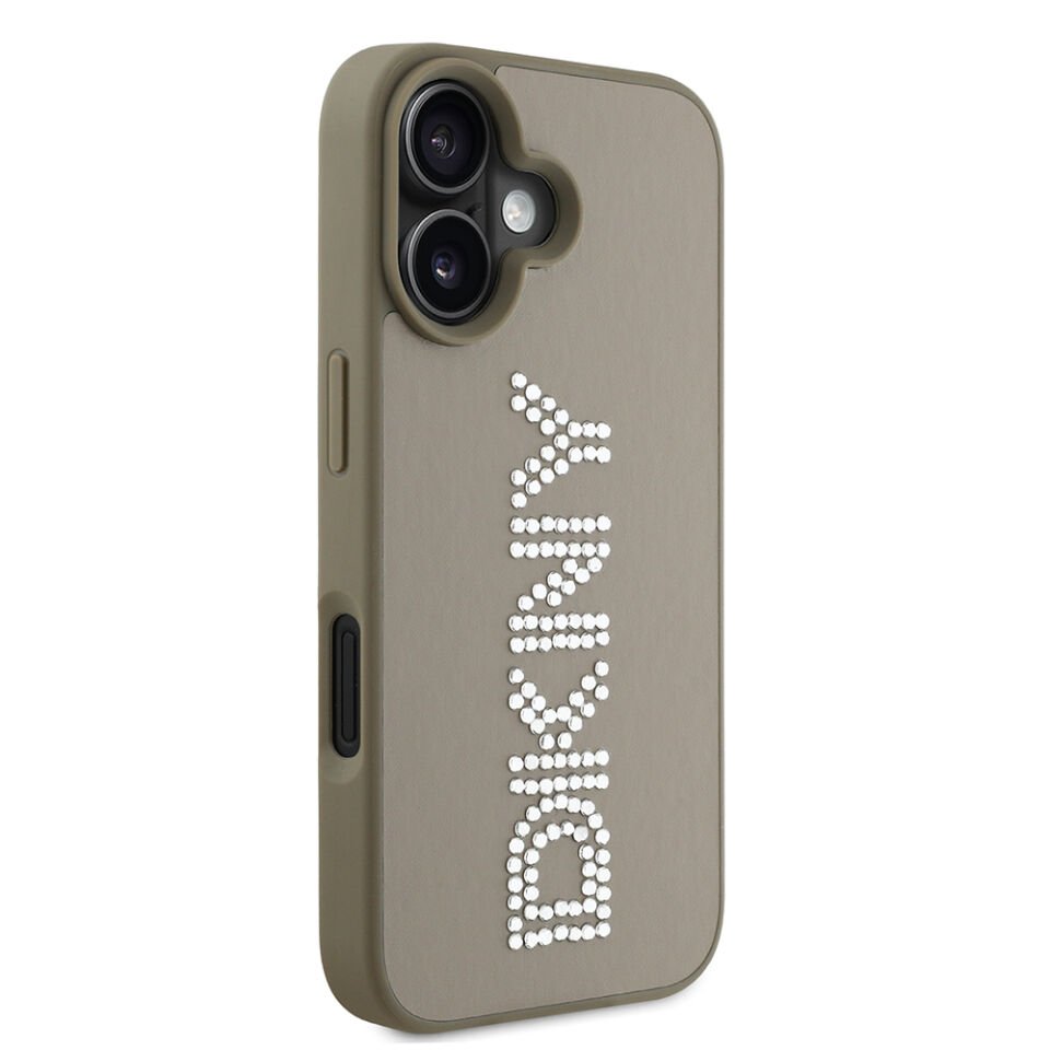 Apple iPhone 16 Kılıf DKNY Orjinal Lisanslı Taşlı DKNY Yazılı Metalik Rhinestones PU Deri Kapak