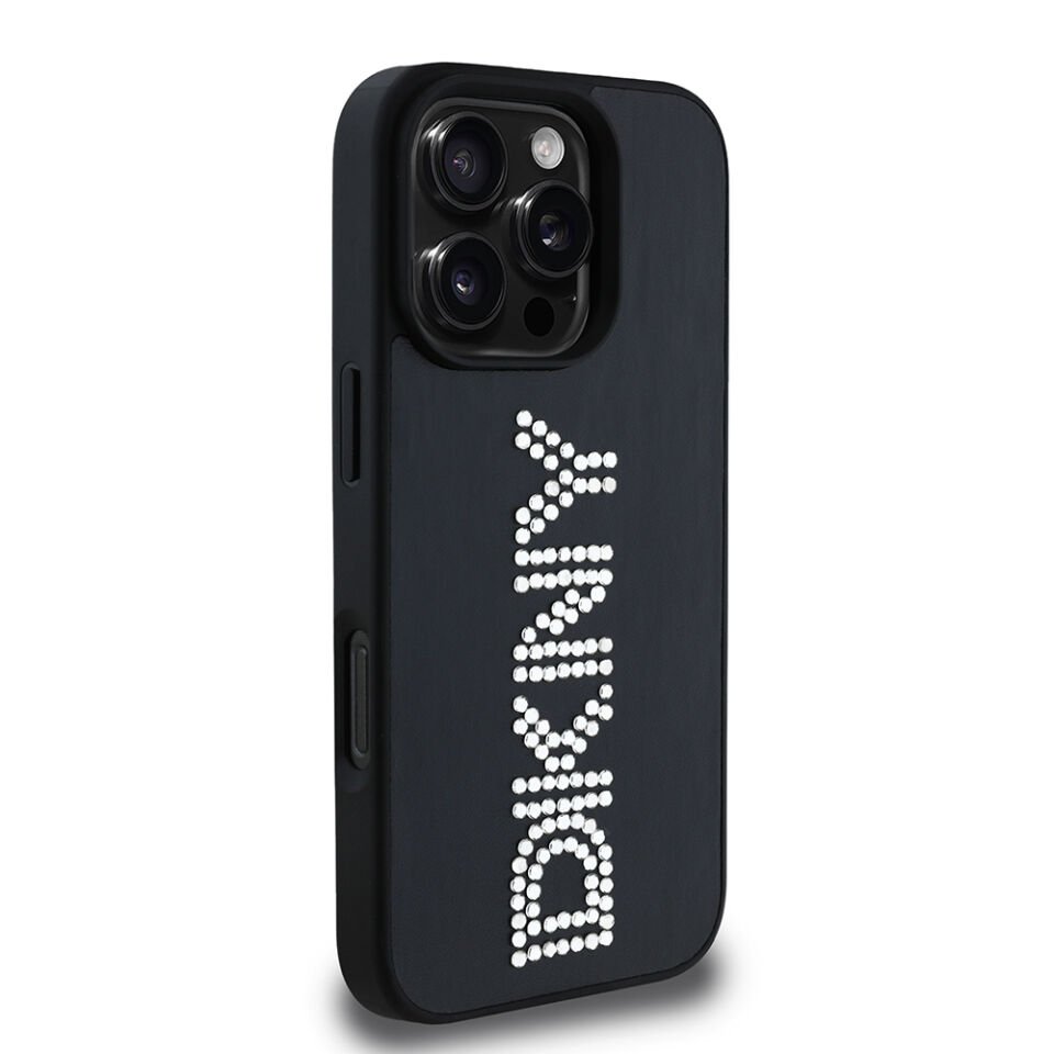 Apple iPhone 16 Pro Kılıf DKNY Orjinal Lisanslı Taşlı DKNY Yazılı Metalik Rhinestones PU Deri Kapak