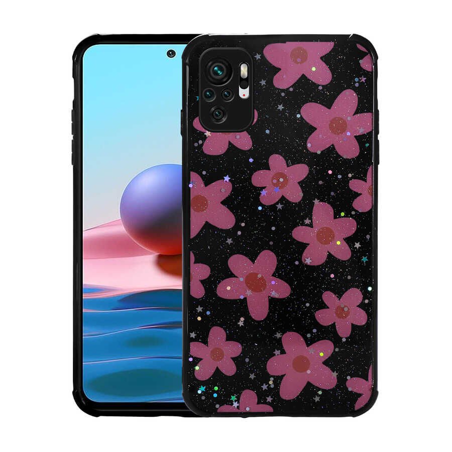 Xiaomi Redmi Note 10S Kılıf Simli Desenli Köşe Kamera Korumalı Darbe Emici Silikon Kapak (Popy) Çiçek