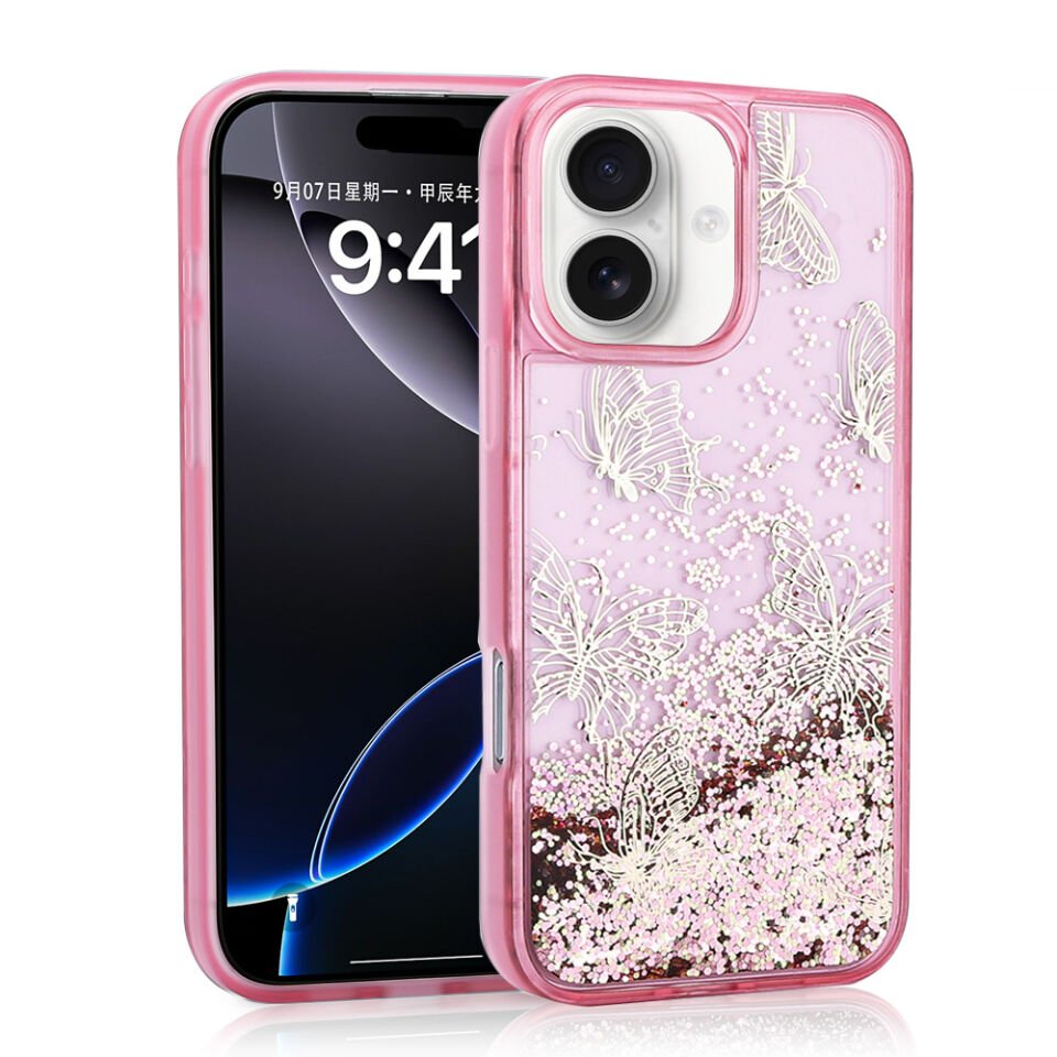 Apple iPhone 16 Kılıf Sıvılı Simli Kelebek Baskılı Şeffaf Arka Yüzey HEPTEKİLETİŞİM Glis Silikon Kapak