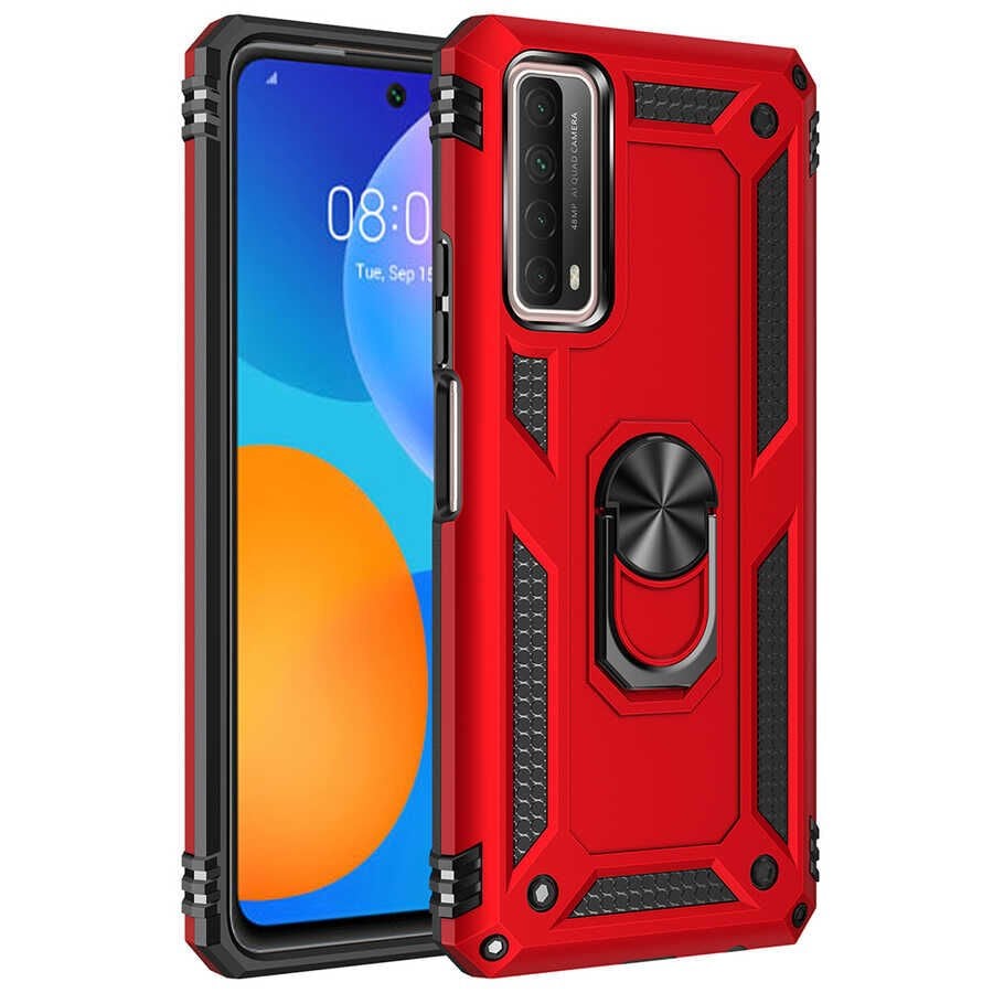 Huawei P Smart 2021 Kılıf Tank Zırh Yüzüklü Mıknatıslı Standlı Kapak (VEGA) Gri