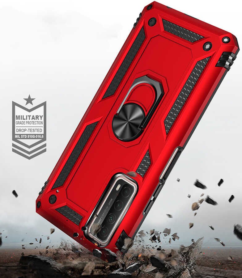 Huawei P Smart 2021 Kılıf Tank Zırh Yüzüklü Mıknatıslı Standlı Kapak (VEGA) Gri