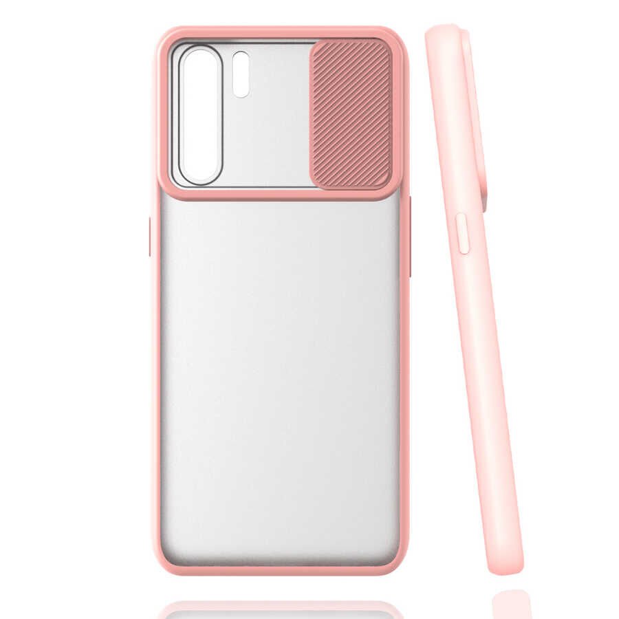 Oppo Reno 3 Kılıf Slayt Sürgülü Kamera Korumalı Renkli Silikon Kapak Pembe Açık