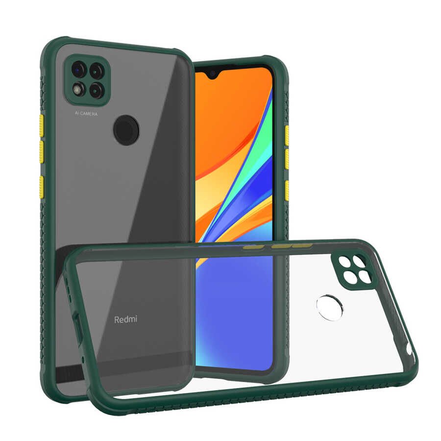 Xiaomi Redmi 9C Kılıf Köşe Ve Kamera Korumalı Arkası Şeffaf Renkli Tuşlu Kapak (KAFF) Koyu Yeşil