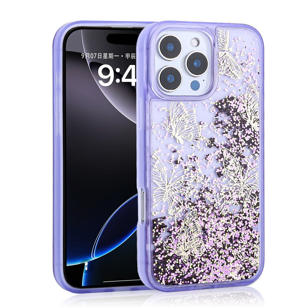 Apple iPhone 16 Pro Kılıf Sıvılı Simli Kelebek Baskılı Şeffaf Arka Yüzey HEPTEKİLETİŞİM Glis Silikon Kapak