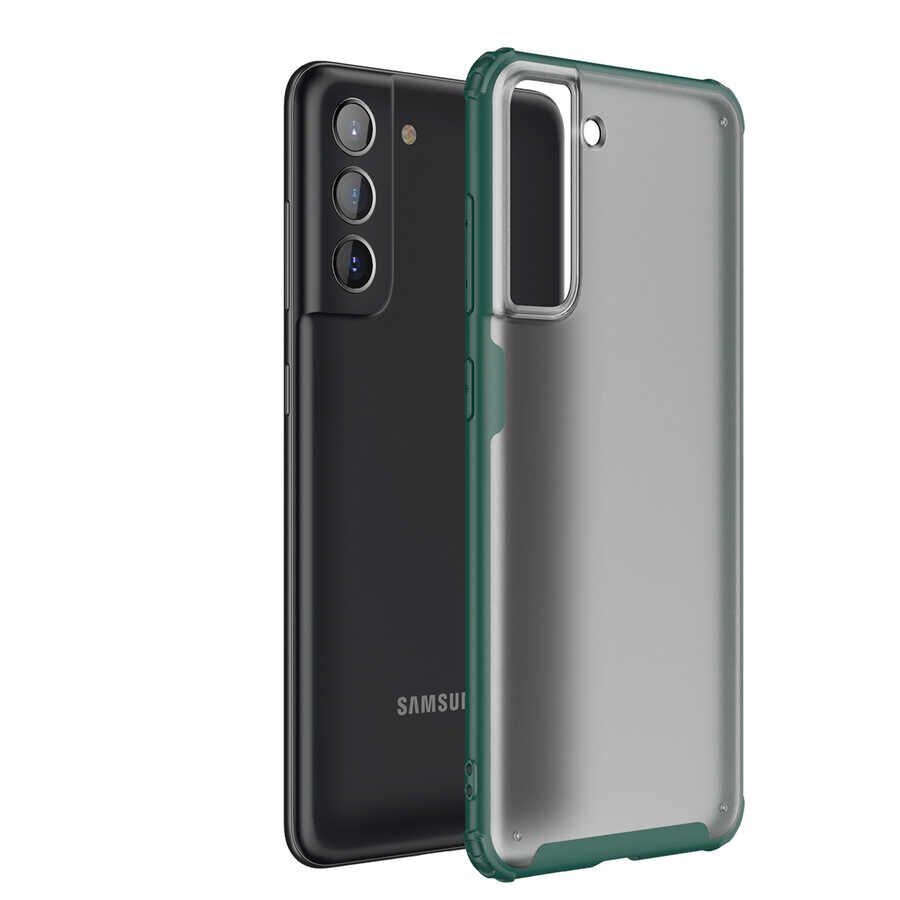 Samsung Galaxy S21 FE Kılıf Köşe Korumalı Arkası Mat Buzlu Sert Kapak (VOLKS) Koyu Yeşil