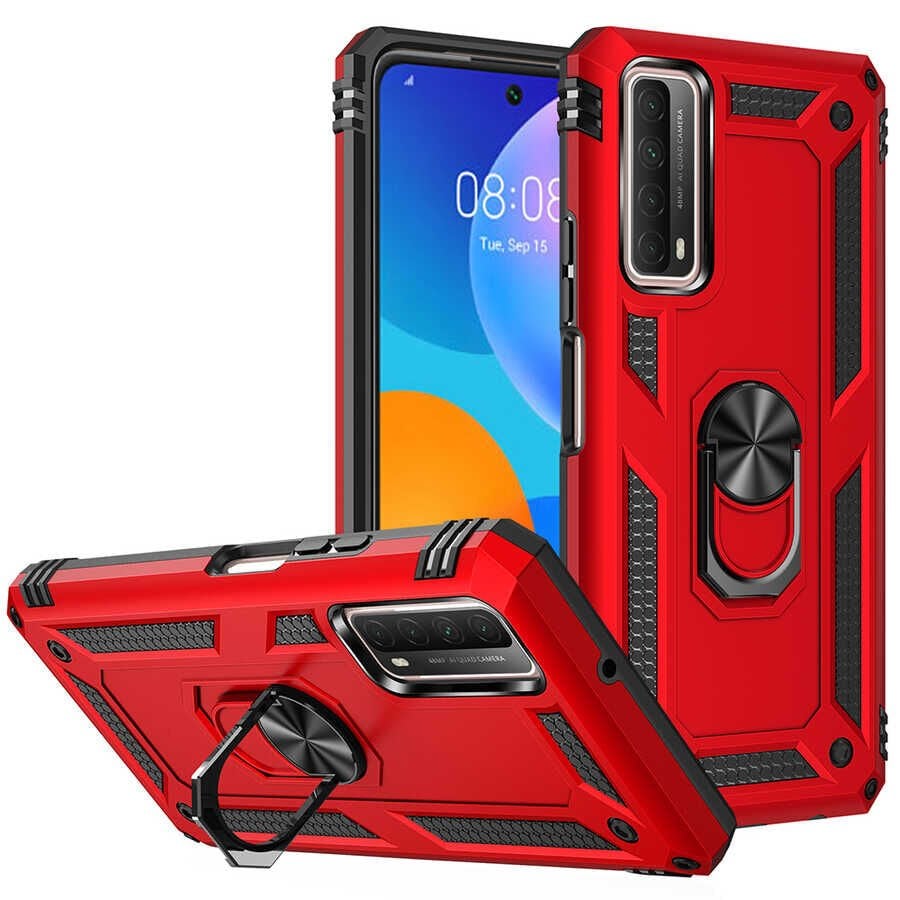 Huawei P Smart 2021 Kılıf Tank Zırh Yüzüklü Mıknatıslı Standlı Kapak (VEGA) Mavi