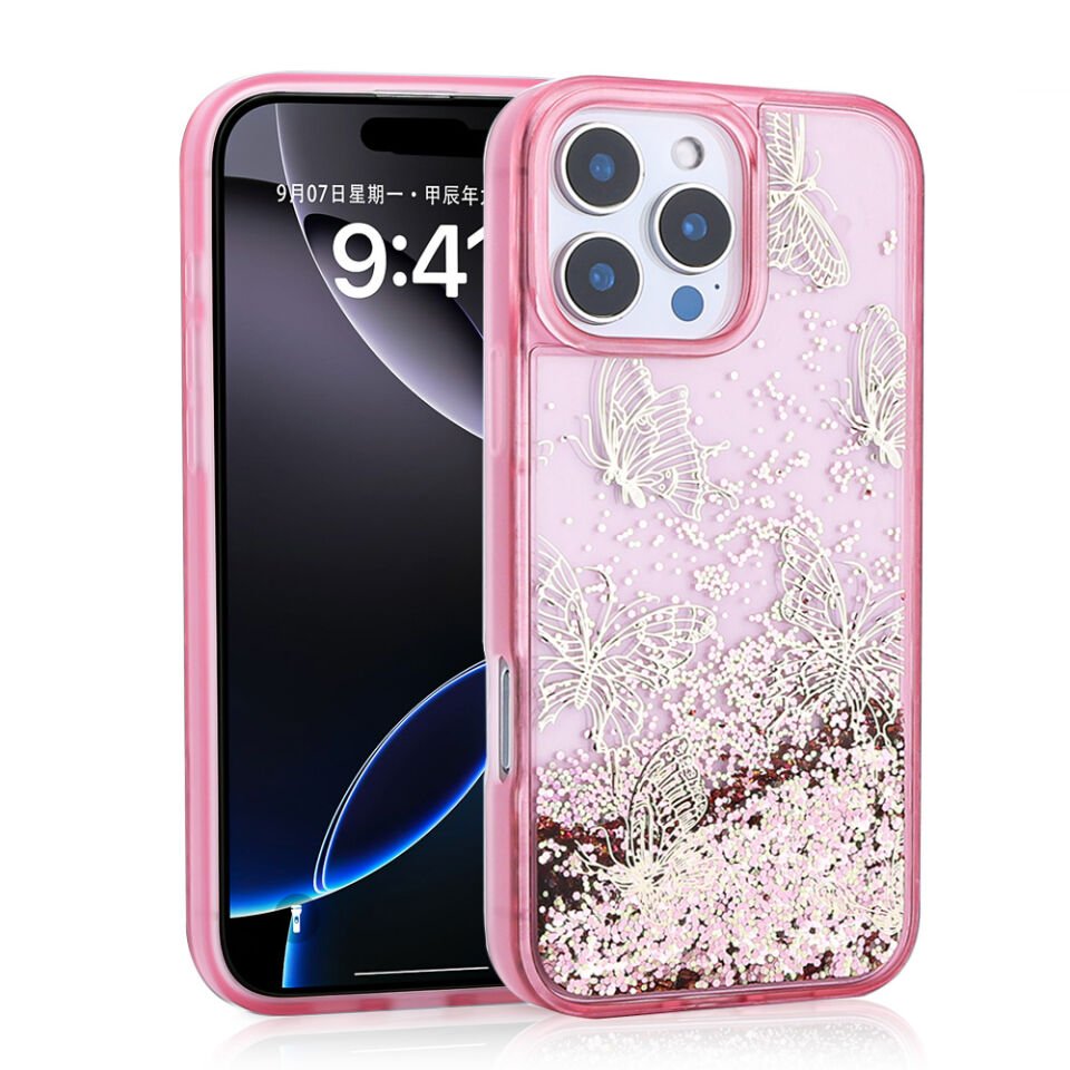 Apple iPhone 16 Pro Max Kılıf Sıvılı Simli Kelebek Baskılı Şeffaf Arka Yüzey HEPTEKİLETİŞİM Glis Silikon Kapak