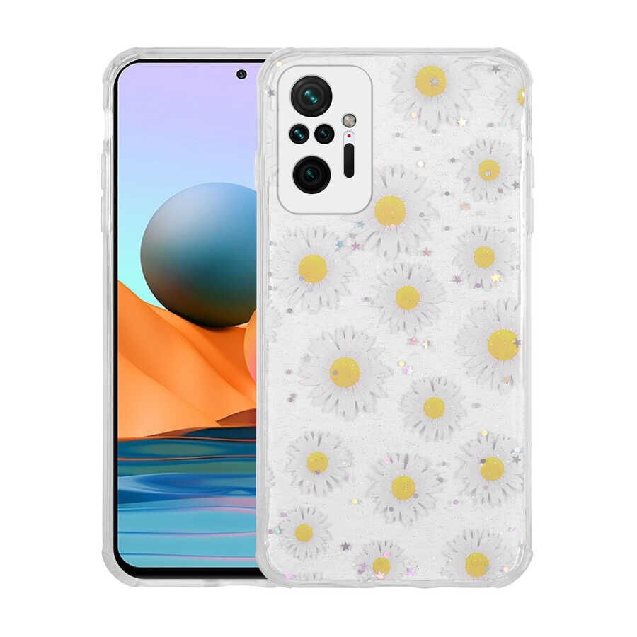 Xiaomi Redmi Note 10 Pro Kılıf Simli Desenli Köşe Kamera Korumalı Darbe Emici Silikon Kapak (Popy) Papatya