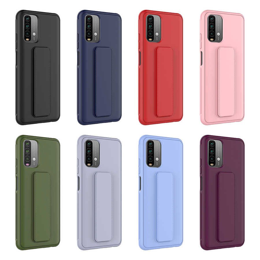 Xiaomi Redmi Note 10S Kılıf Standlı Lansman Yumuşak Dokulu Renkli Esnek Silikon Kapak (QSTAND) Lacivert