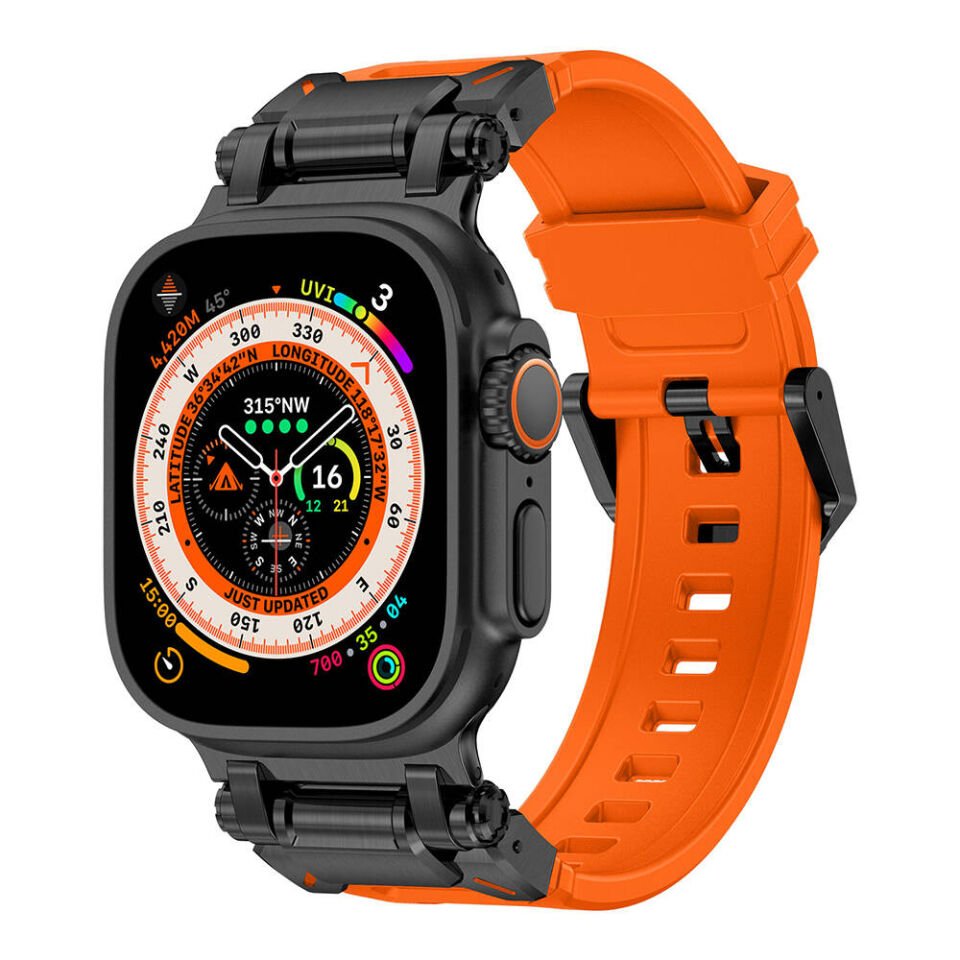 Apple Watch 2/3/4/5/6/7/8/9/se/ultra/nike 42mm 44mm 45mm 49mm Titanyum Kordon (KRD-101) Siyah-Turuncu
