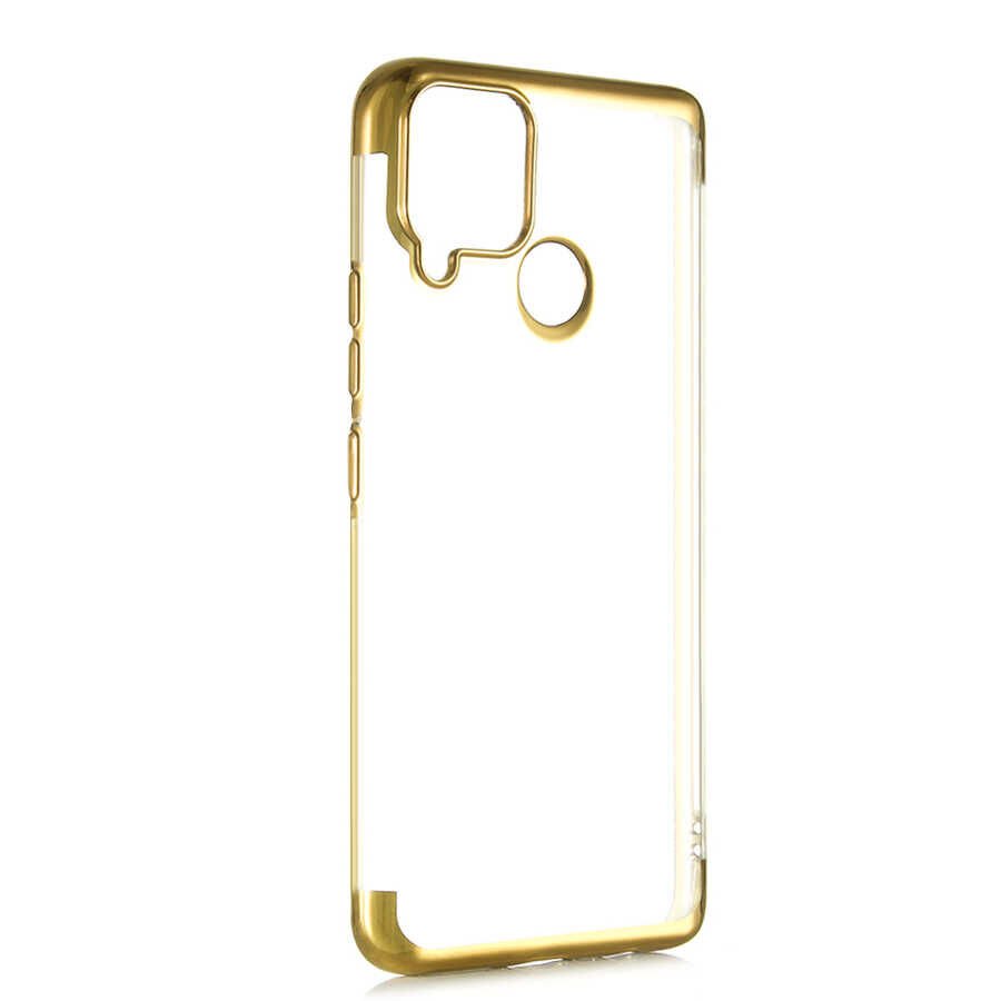 Realme C15 Kılıf Dört Köşe Renkli Lazer Şeffaf Silikon Kapak (GLİTTER) Gold