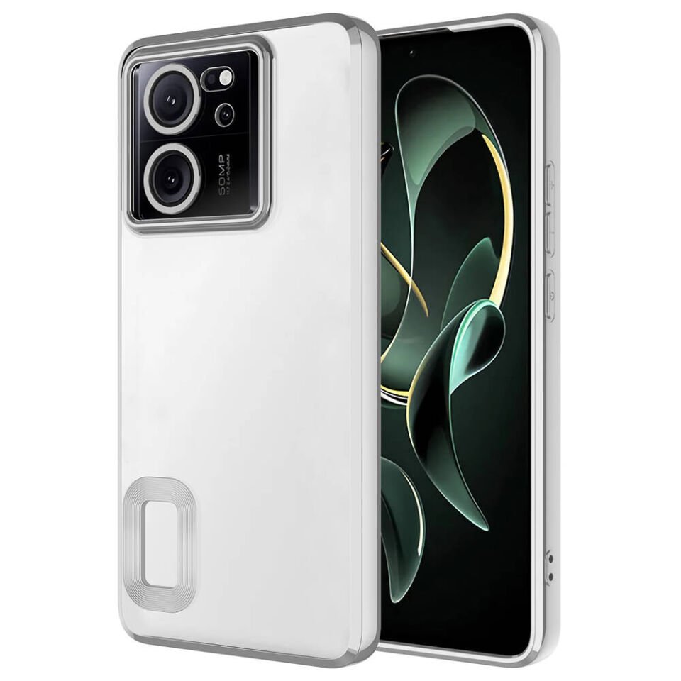 Xiaomi Redmi 13T Pro Kılıf Kamera Lens Korumalı Logo Gösteren Parlak Kenarlı Kapak (OMEGA) Gümüş