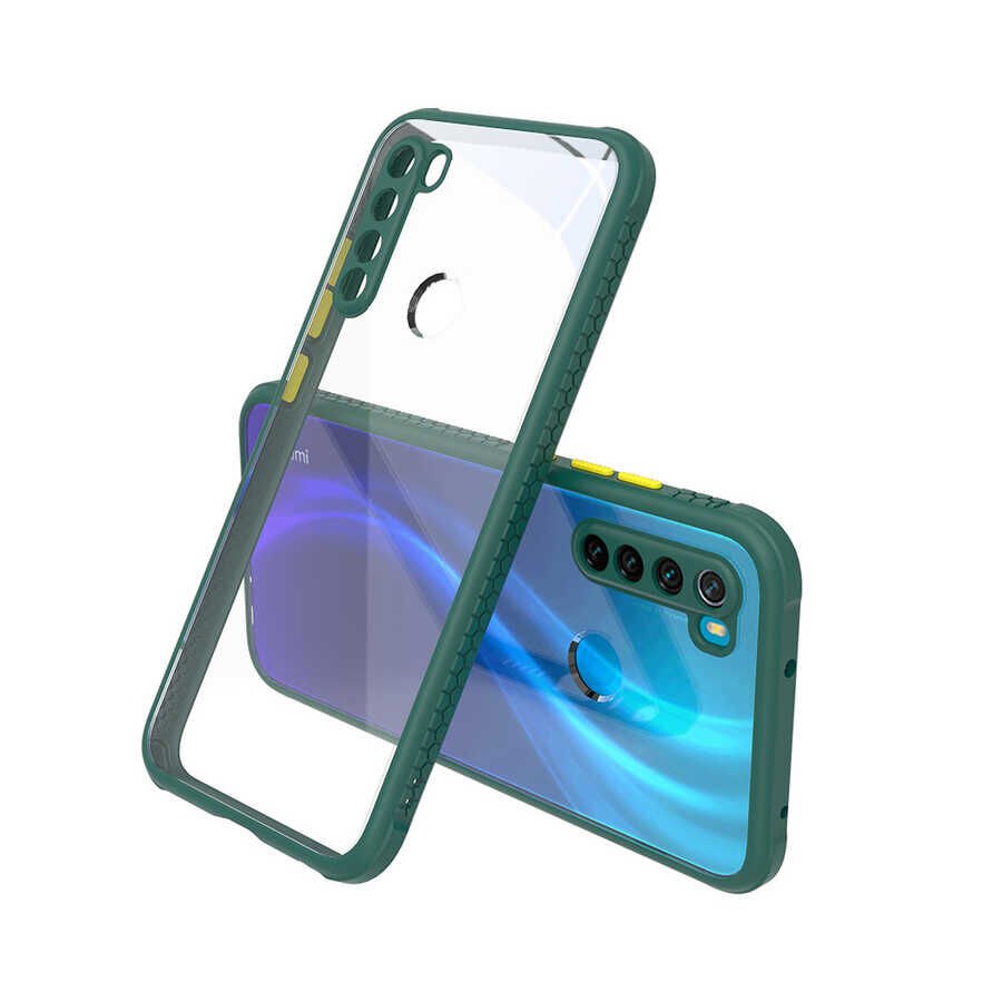 Xiaomi Redmi Note 8 Kılıf Köşe Ve Kamera Korumalı Arkası Şeffaf Renkli Tuşlu Kapak (KAFF) Koyu Yeşil