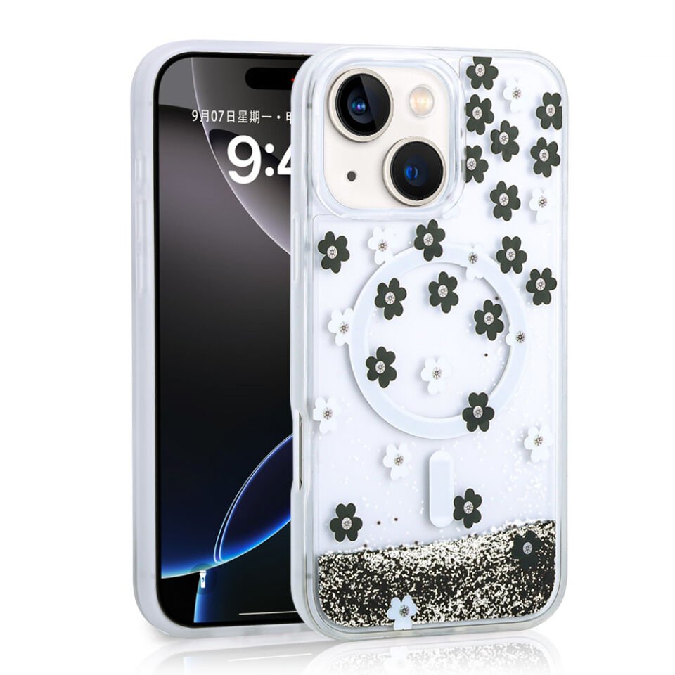 Apple iPhone 13 Kılıf Sıvılı Simli Baskılı Şeffaf Arka Yüzey HEPTEKİLETİŞİM Mossa Silikon Kapak