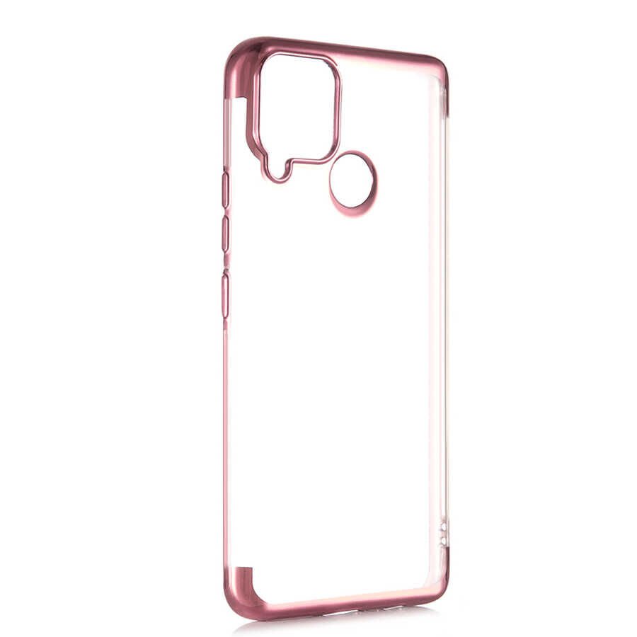 Realme C15 Kılıf Dört Köşe Renkli Lazer Şeffaf Silikon Kapak (GLİTTER) Rose Gold
