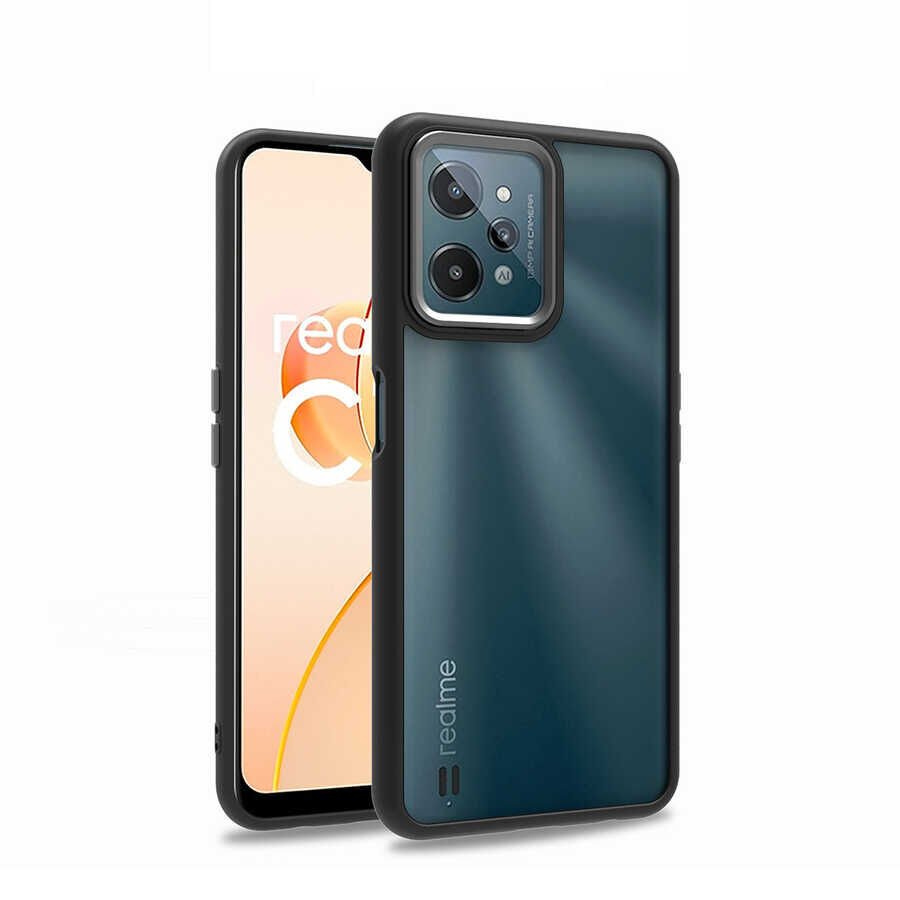 Realme C31 Kılıf Kamera Çıkıntılı Arkası Şeffaf Hassas Tuşlu Kenarlı Kapak (Flora) Siyah