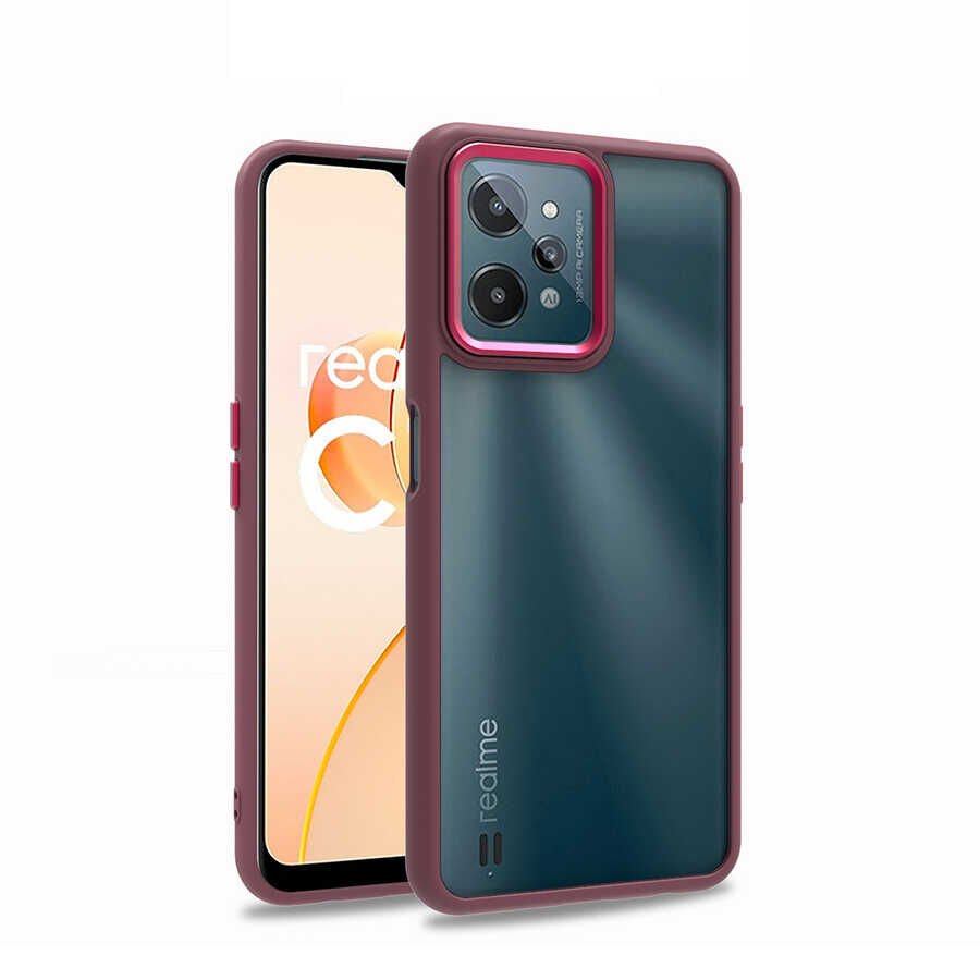 Realme C31 Kılıf Kamera Çıkıntılı Arkası Şeffaf Hassas Tuşlu Kenarlı Kapak (Flora) Kırmızı