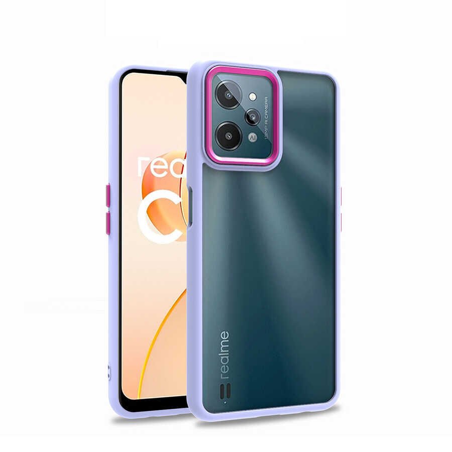 Realme C31 Kılıf Kamera Çıkıntılı Arkası Şeffaf Hassas Tuşlu Kenarlı Kapak (Flora) Mavi