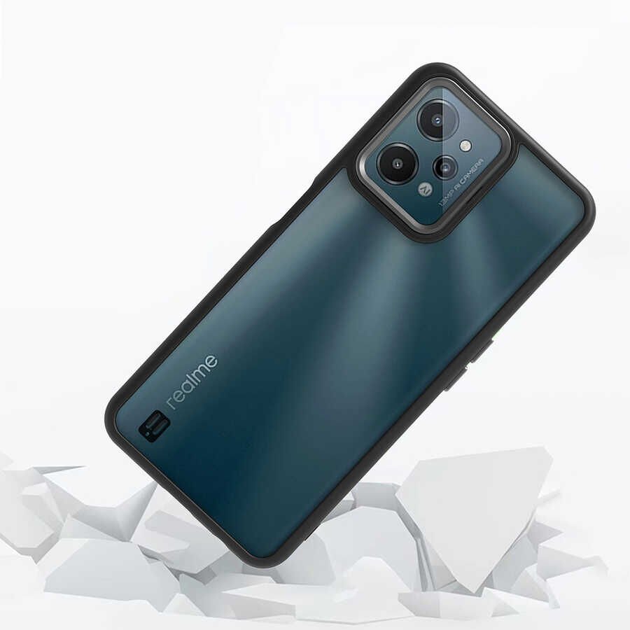 Realme C31 Kılıf Kamera Çıkıntılı Arkası Şeffaf Hassas Tuşlu Kenarlı Kapak (Flora) Mavi