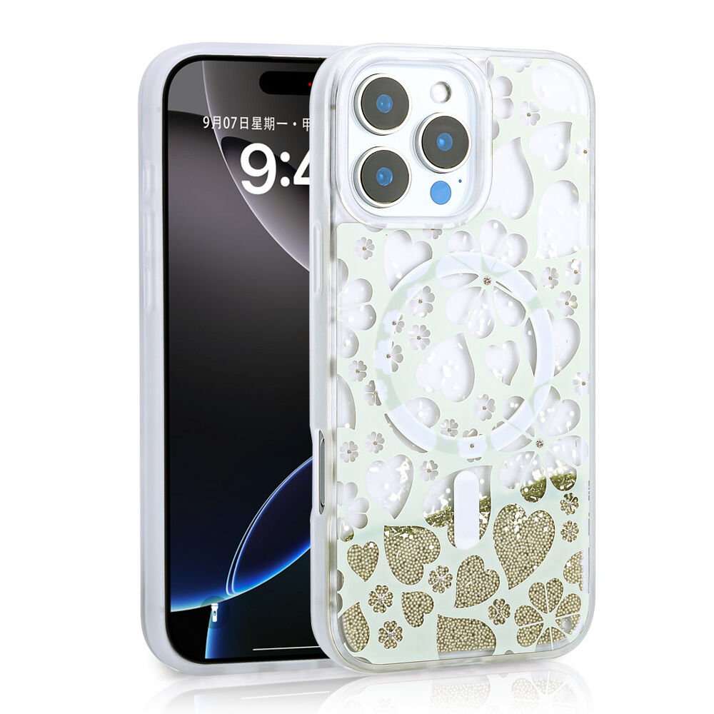 Apple iPhone 15 Pro Max Kılıf Sıvılı Simli Baskılı Şeffaf Arka Yüzey HEPTEKİLETİŞİM Mossa Silikon Kapak