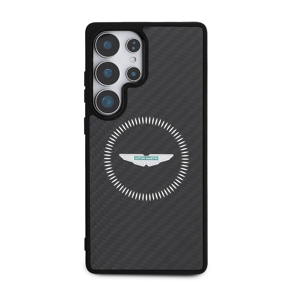 Galaxy S25 Ultra Kılıf Aston Martin Orjinal Lisanslı Magsafe Şarj Özellikli Radyal Halka ve Karbon Fiber Tasarımlı Kapak