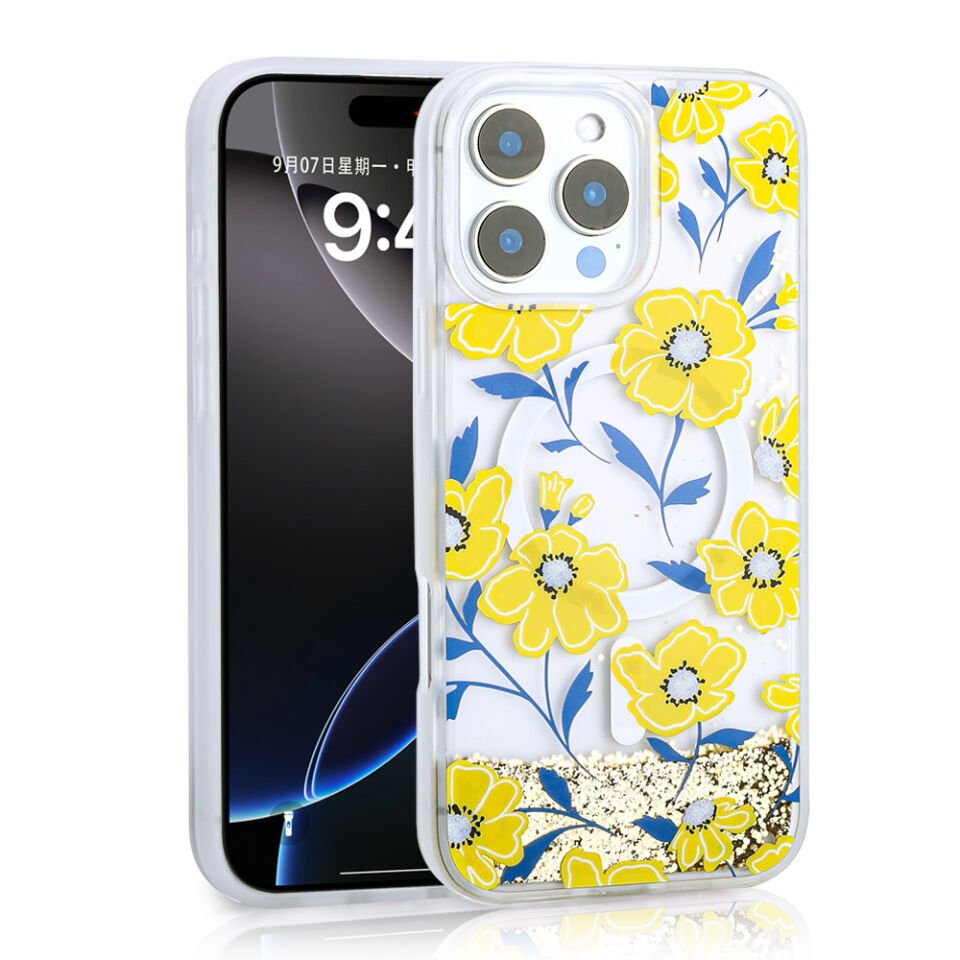 Apple iPhone 16 Pro Max Kılıf Sıvılı Simli Baskılı Şeffaf Arka Yüzey HEPTEKİLETİŞİM Mossa Silikon Kapak