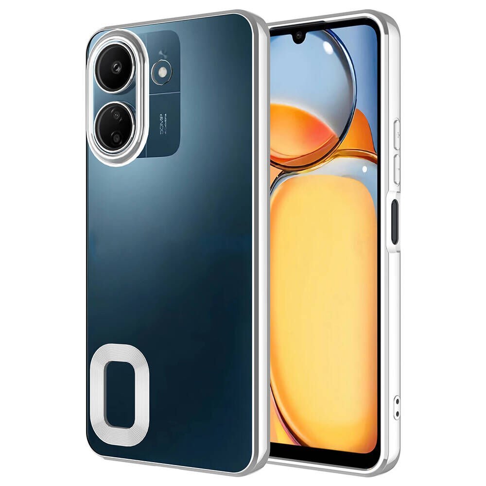 Xiaomi Redmi 13C Kılıf Kamera Lens Korumalı Logo Gösteren Parlak Kenarlı Kapak (OMEGA) Gümüş