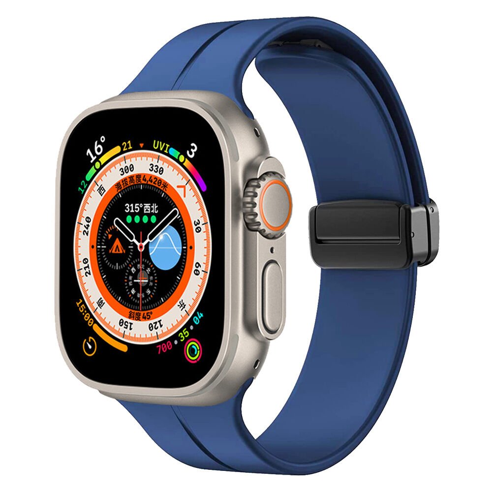 Apple Watch 2/3/4/5/6/7/8/9/se/ultra/nike 42mm 44mm 45mm 49mm Silikon Kordon Metal Tasarım (KRD-84) Mavi
