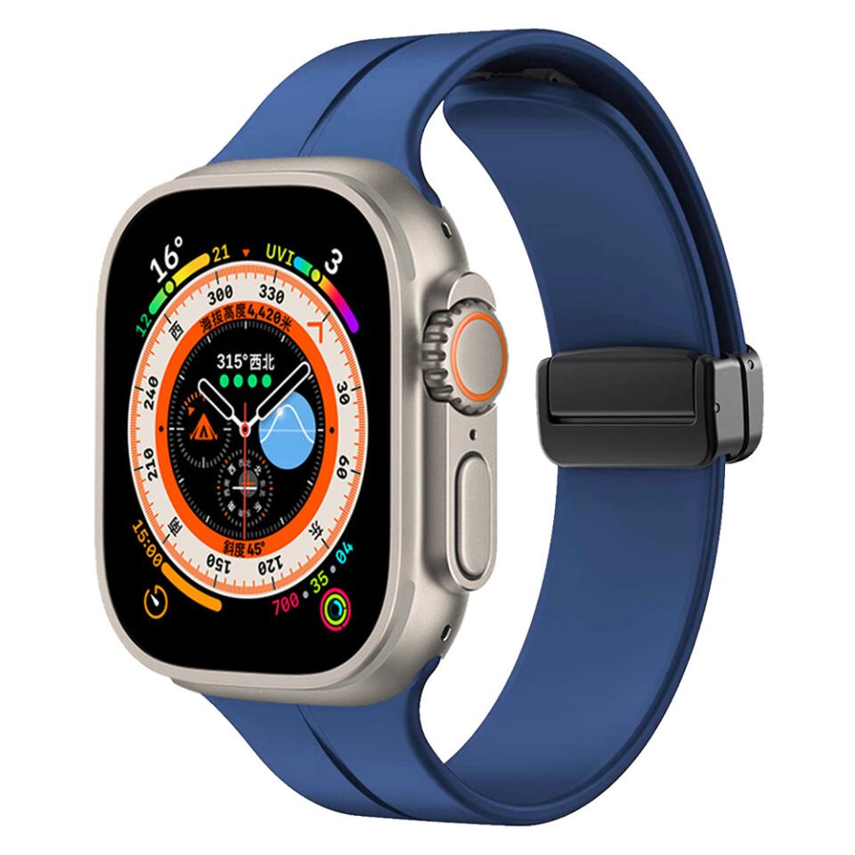 Apple Watch 2/3/4/5/6/7/8/9/se/ultra/nike 42mm 44mm 45mm 49mm Silikon Kordon Metal Tasarım (KRD-84) Mavi