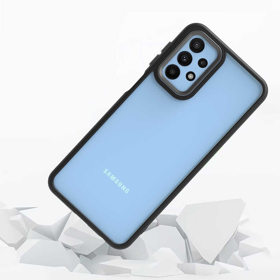 Samsung Galaxy A23 Kılıf Kamera Çıkıntılı Arkası Şeffaf Hassas Tuşlu Kenarlı Kapak (Flora) Mavi