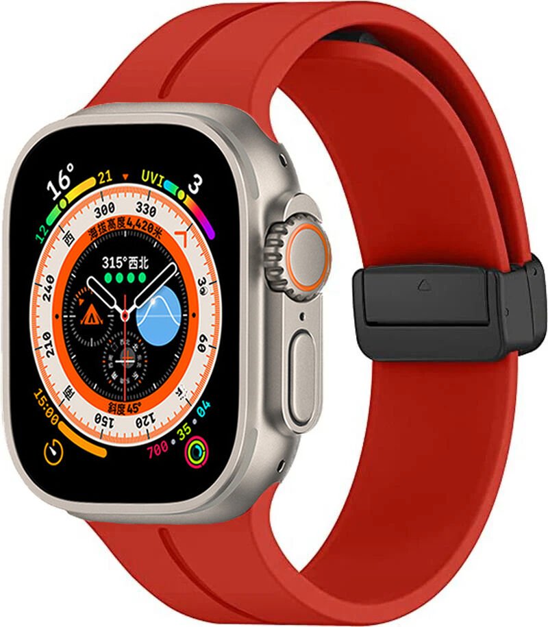 Apple Watch 2/3/4/5/6/7/8/9/se/ultra/nike 42mm 44mm 45mm 49mm Silikon Kordon Metal Tasarım (KRD-84) Kırmızı