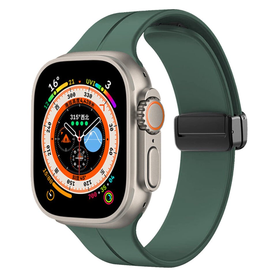 Apple Watch 2/3/4/5/6/7/8/9/se/ultra/nike 42mm 44mm 45mm 49mm Silikon Kordon Metal Tasarım (KRD-84) Koyu Yeşil