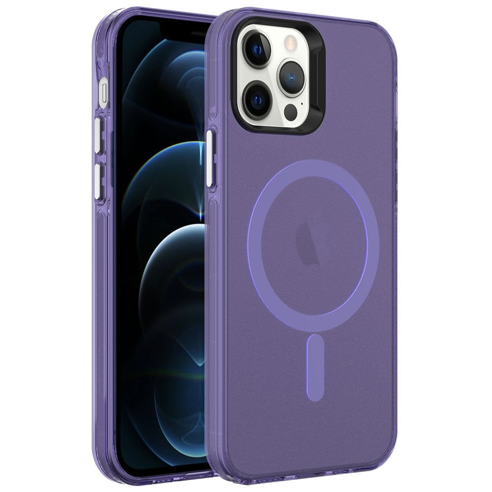 Apple  iPhone 12 Pro Kılıf Kamera Çıkıntılı Magsafe Şarj Destekli Buzlu Transparan Kapak (C-Pro) Derin Mor