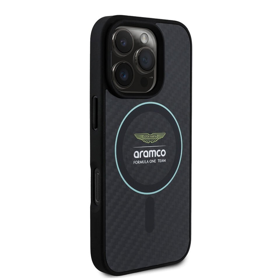 Apple iPhone 16 Pro Max Kılıf Aston Martin Orjinal Lisanslı Magsafe Şarj Özellikli Renkli Halka ve Karbon Fiber Tasarımlı Kapak