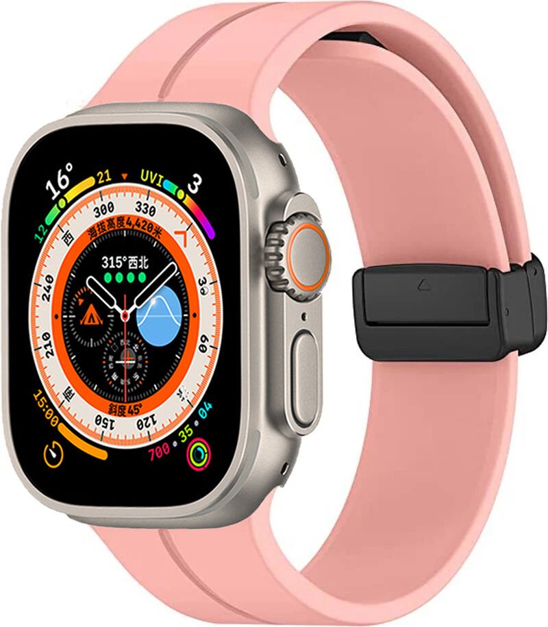 Apple Watch 2/3/4/5/6/7/8/9/se/ultra/nike 42mm 44mm 45mm 49mm Silikon Kordon Metal Tasarım (KRD-84) Rose Gold