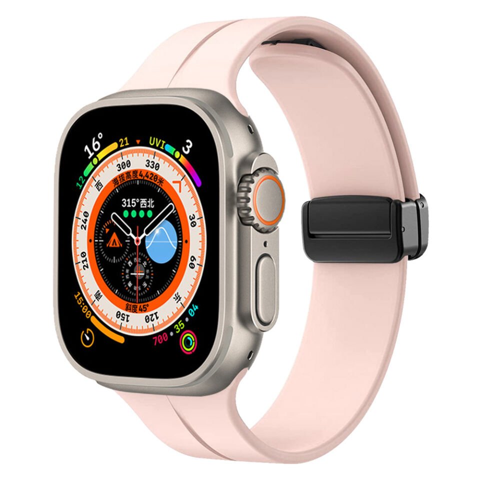 Apple Watch 2/3/4/5/6/7/8/9/se/ultra/nike 42mm 44mm 45mm 49mm Silikon Kordon Metal Tasarım (KRD-84) Pembe