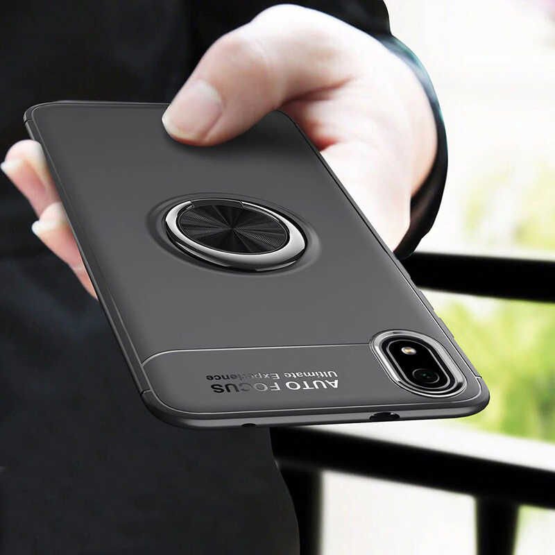 Xiaomi Redmi 7A Kılıf Kamera Çıkıntılı Renkli Yüzüklü Standlı Mıknatıslı Kapak (RAVEL) Siyah-Kırmızı