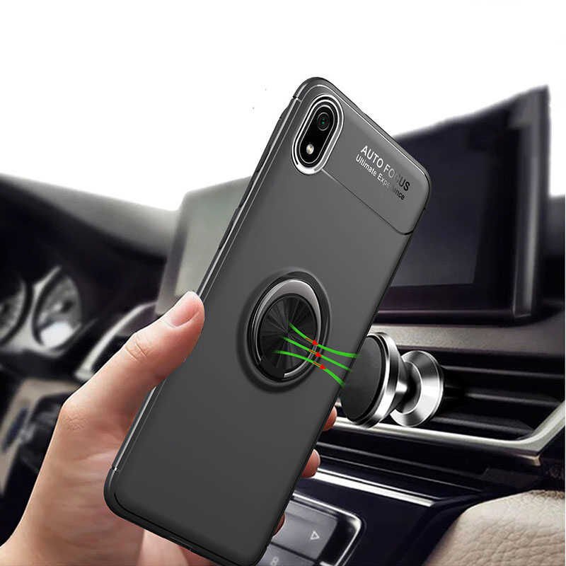 Xiaomi Redmi 7A Kılıf Kamera Çıkıntılı Renkli Yüzüklü Standlı Mıknatıslı Kapak (RAVEL) Siyah-Kırmızı